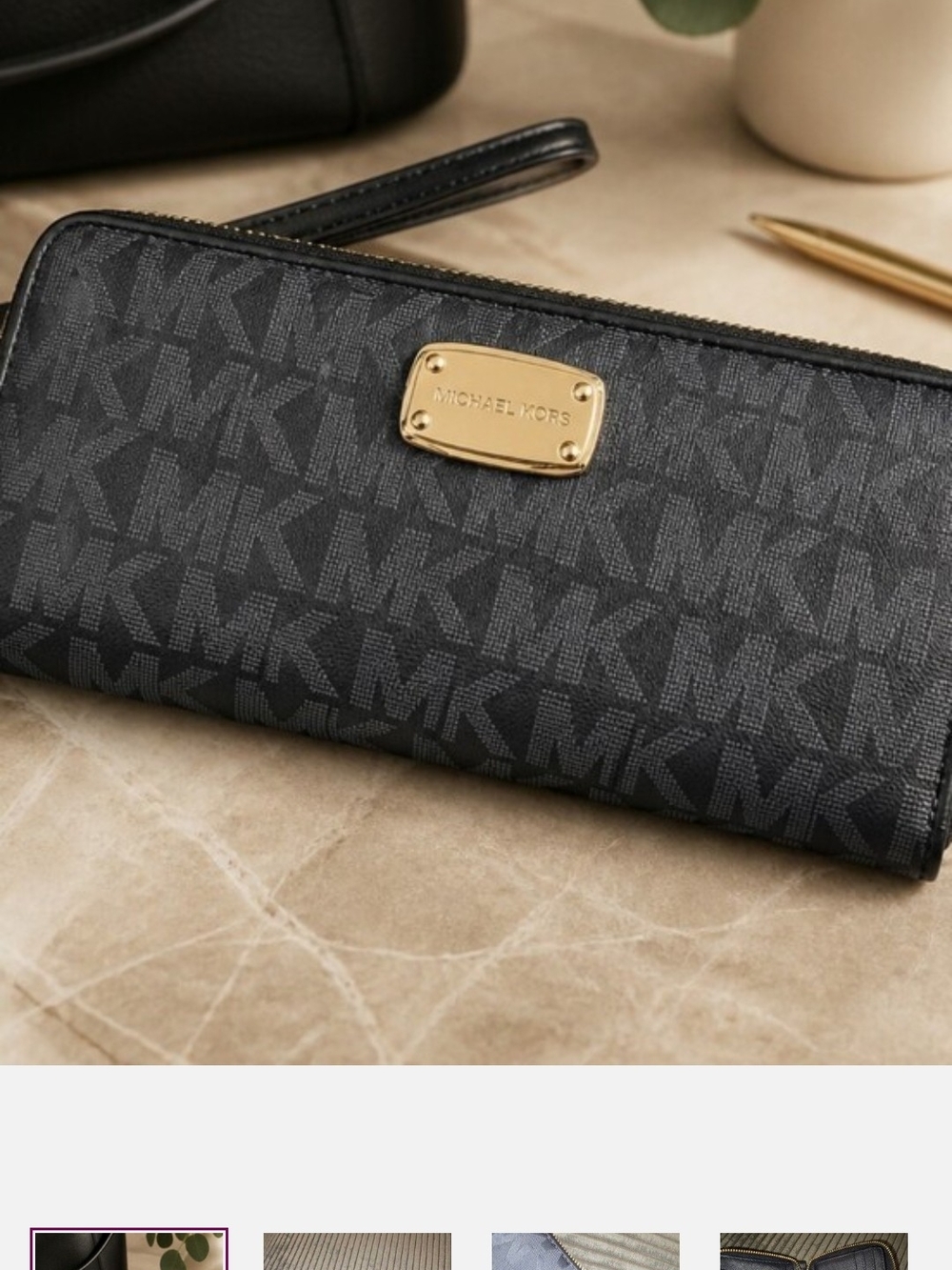 Michael Kors Black/Charcoal MK Monogram Zip Wallet with Gold Plaque